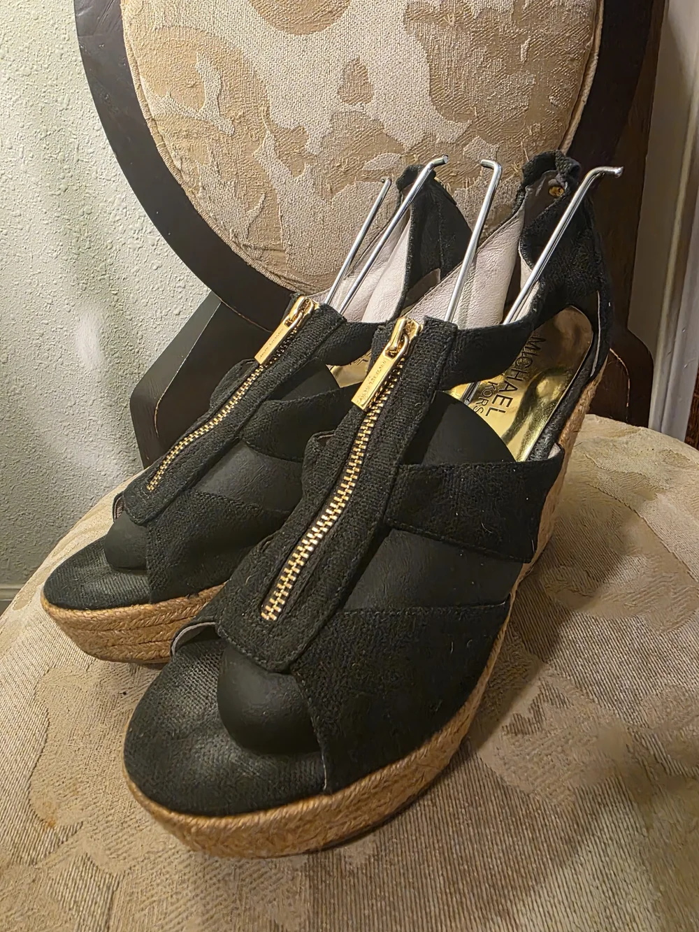 Michael Kors Black Wedge Espadrille Sandals with Gold Zip